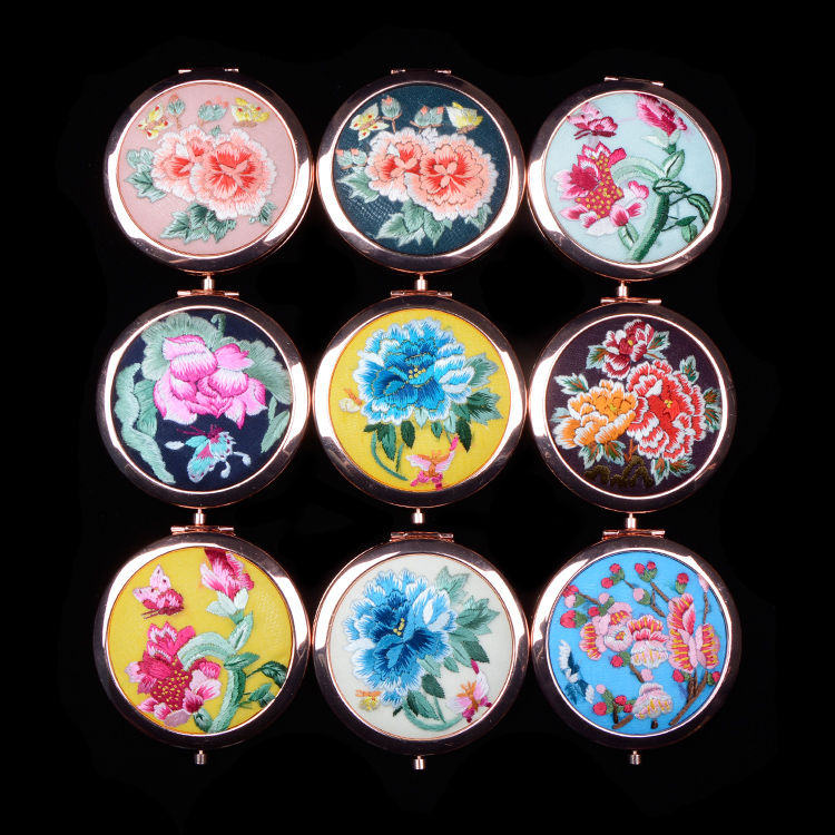 罗山化妆随身镜精品出国送礼刺绣中国风古风摄影 手绣镜子